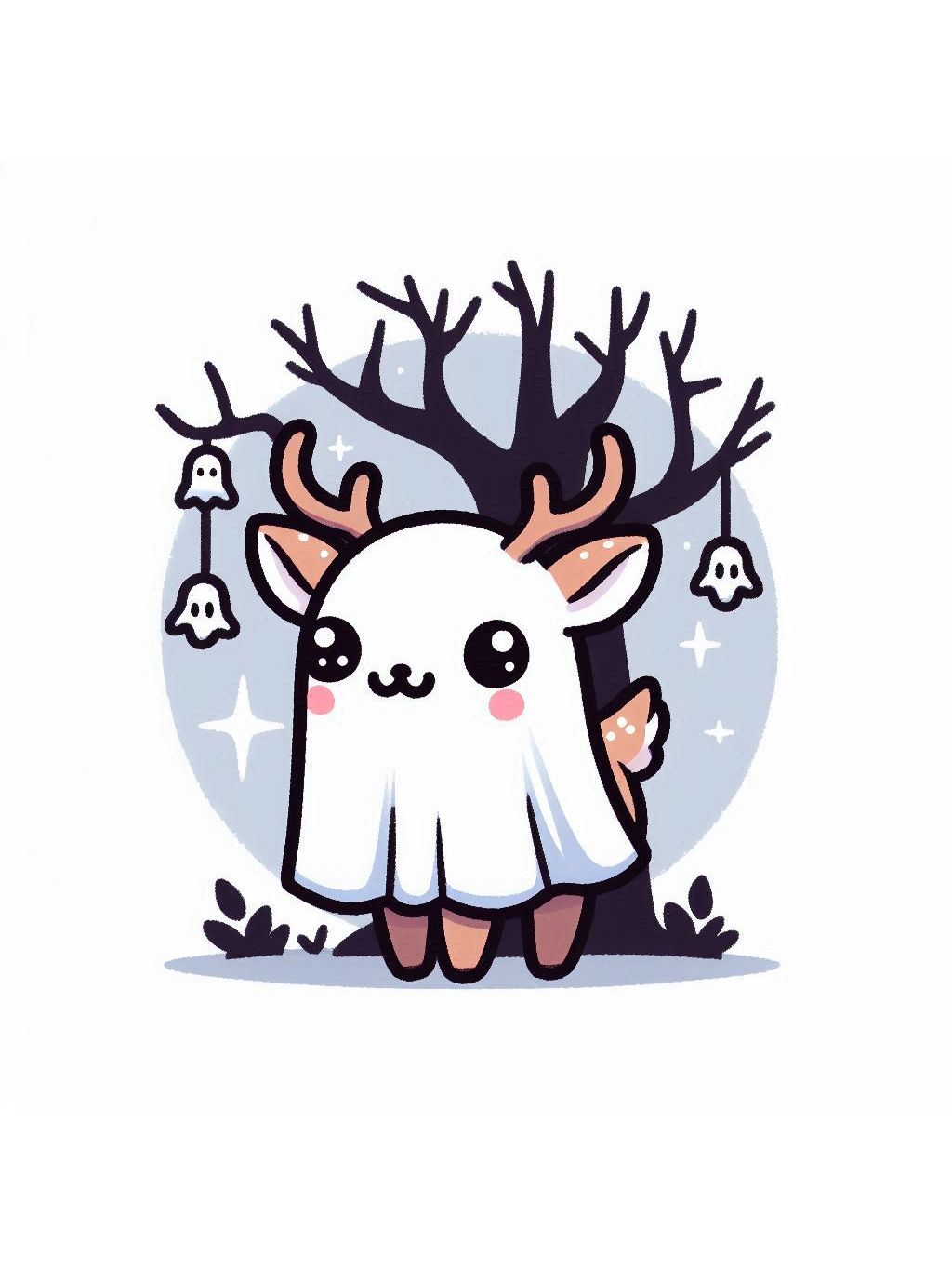 halloween cute animals drawings: a cute ghostly deer adorned with a whimsical sheet and haunting antlers silhouetted by a moonlit backdrop, featuring small ghost ornaments.